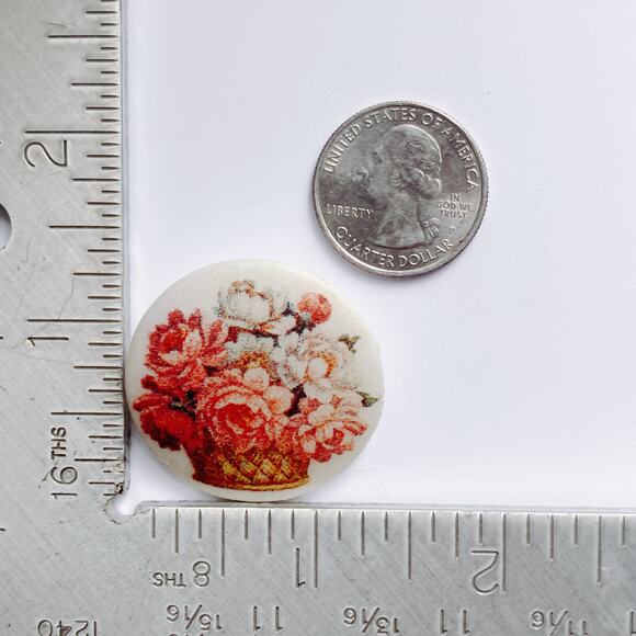 VTG 60s Brooch Glazed Ceramic Floral Transfer Basket of Flowers Mid Century Pin - Picture 3 of 9